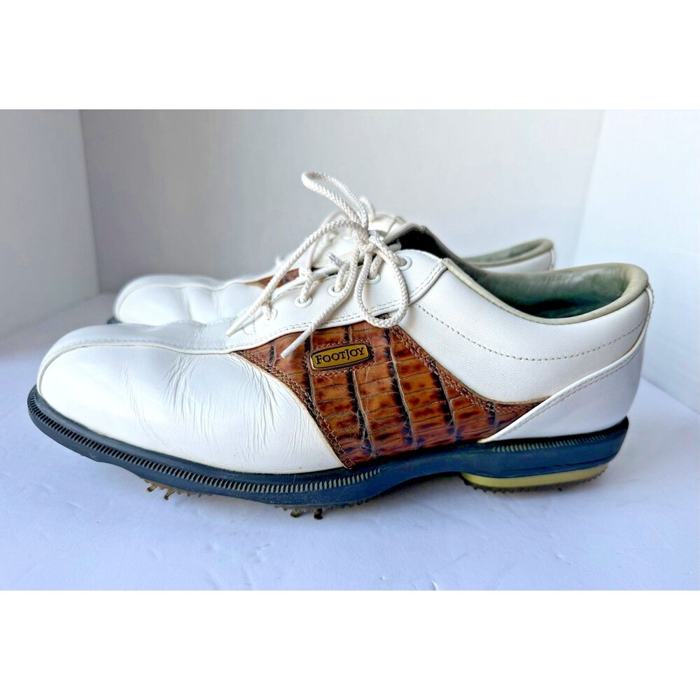 FootJoy DryJoys Tour Golf 53570 Shoes White Saddle Croc Brown FJ Mens Size 8